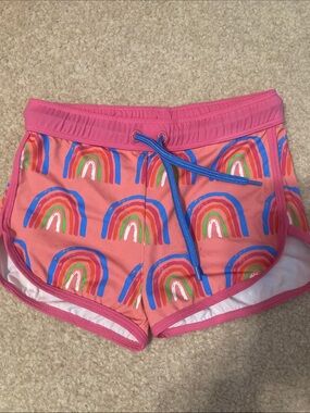 Hatley Pink Rainbow Print Girls' Swim Shorts with Blue Drawstring
